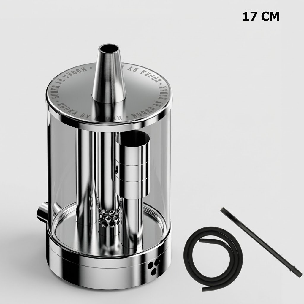 hoosh-by-vyro-hookah Μπροστινή όψη του compact ναργιλέ Hoosh By Vyro 17cm από διάφανο υλικό και ατσάλι